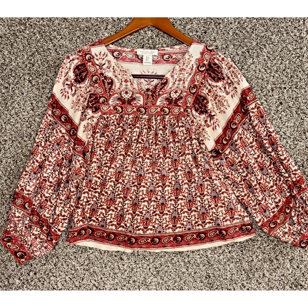 Rachel Zoe Women's Boho Peasant Blouse Long Balloon Sleeve Red Paisley Size S